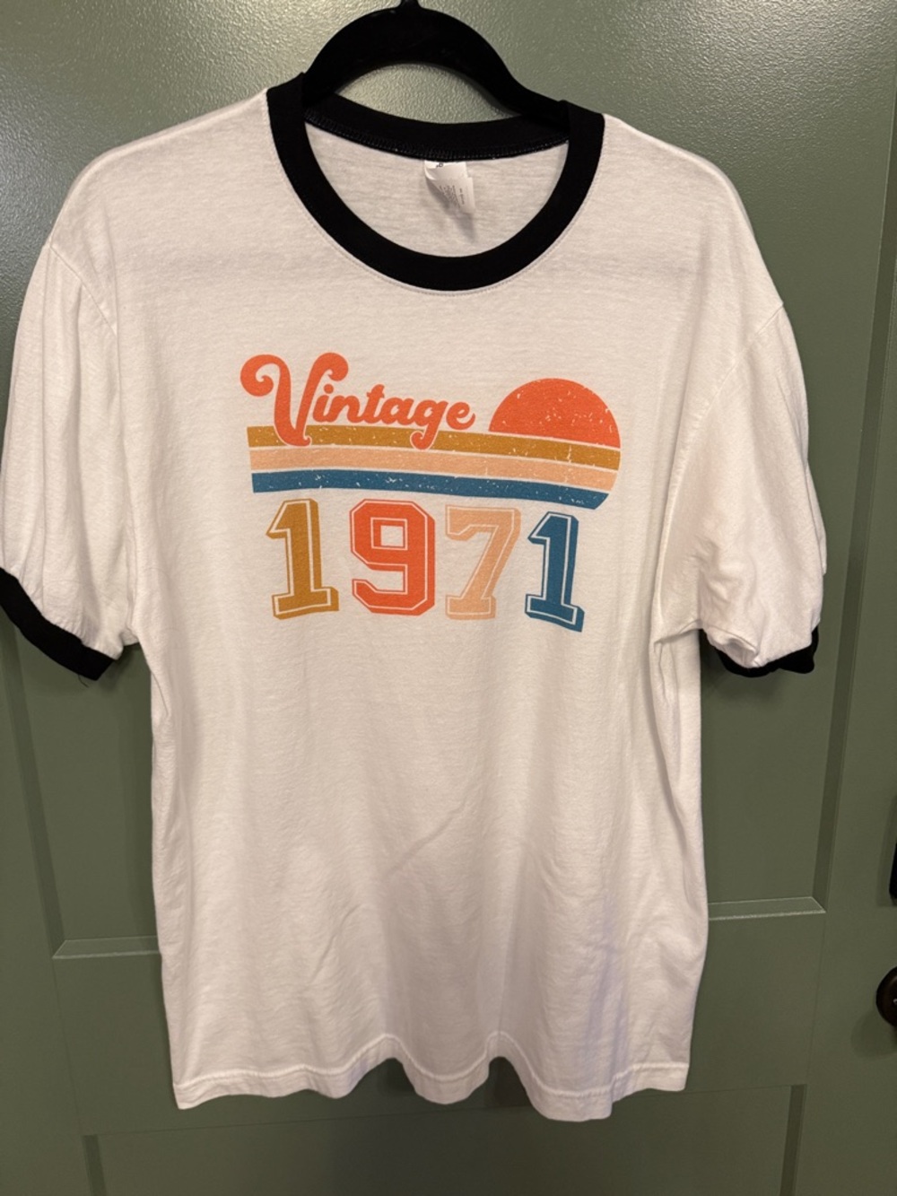 Tultex White Ringer Tee with Black Trim and Multicolor 'Vintage 1971' Graphic